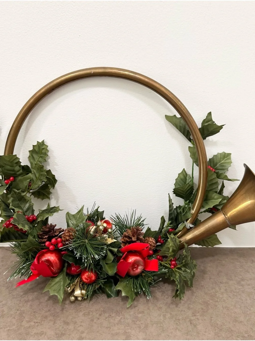 Large Holiday Brass French Horn Wreath Holly Berry Pine Accents Christmas Wreath